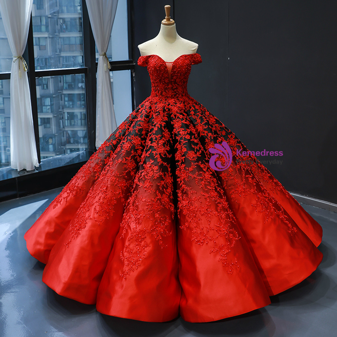 Red Black Ball Gown Satin Appliques Off ...